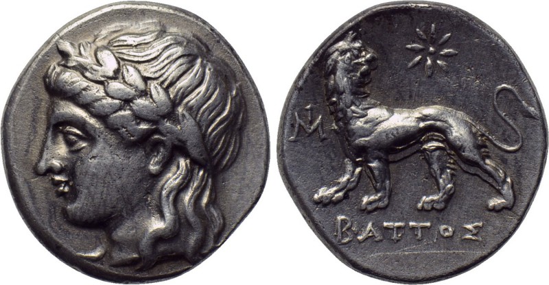 IONIA. Miletos. Drachm (Circa 353-323 BC). Battos, magistrate. 

Obv: Laureate...