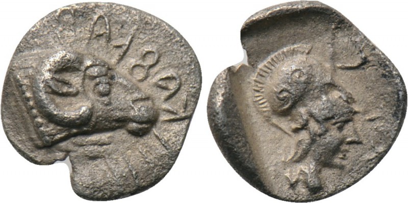 CARIA. Uncertain. Tetartemorion (4th century BC). 

Obv: Head of ram right; un...