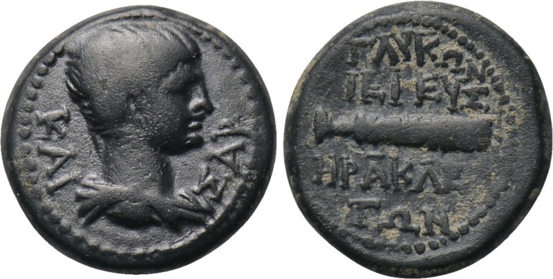 CARIA. Heraclea Salbace. Nero (54-68). Ae. Glykon, priest of Hercules. 

Obv: ...