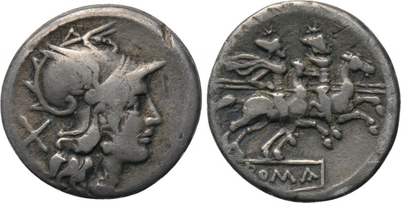 ANONYMOUS. Denarius (189-180 BC). Rome. 

Obv: Helmeted head of Roma; mark of ...