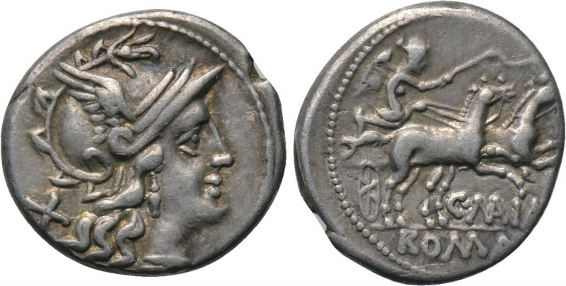 C. MAIANIUS. Denarius (153 BC). Rome. 

Obv: Helmeted head of Roma right; mark...