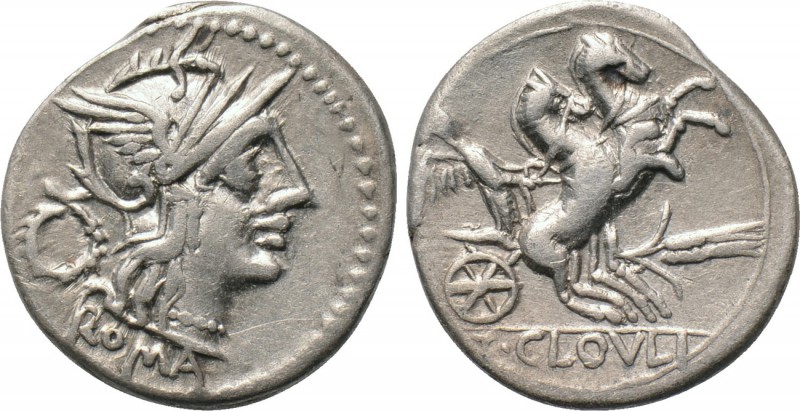 T. CLOELIUS. Denarius (128 BC). Rome. 

Obv: ROMA. 
Helmeted head of Roma rig...