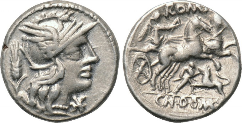CN. DOMITIUS AHENOBARBUS. Denarius (128 BC). Rome. 

Obv: Helmeted head of Rom...