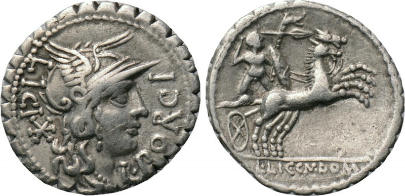 L. PORCIUS LICINIUS. Serrate Denarius (118 BC). Rome. 

Obv: L PORCI / LICI. ...