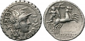 L. PORCIUS LICINIUS. Serrate Denarius (118 BC). Rome.