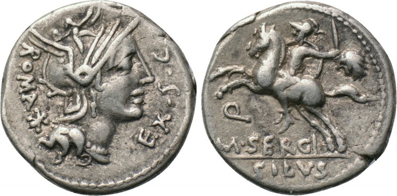 M. SERGIUS SILUS (116-115 BC). Denarius. Rome. 

Obv: ROMA EX S C. 
Helmeted ...