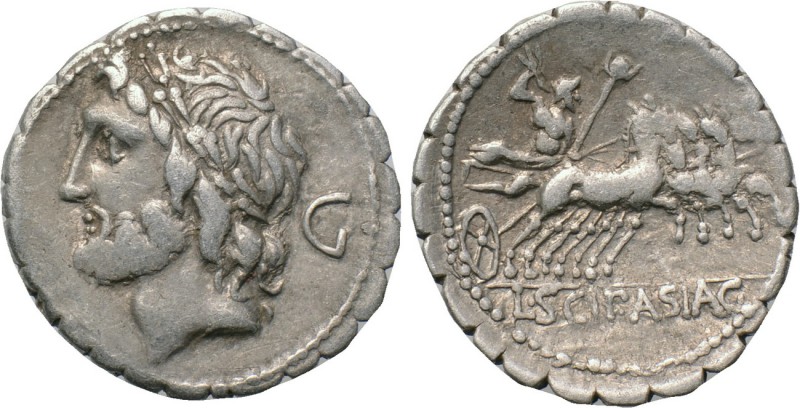 L. SCIPIO ASIAGENES. Serrate Denarius (106 BC). Rome. 

Obv: Laureate head of ...