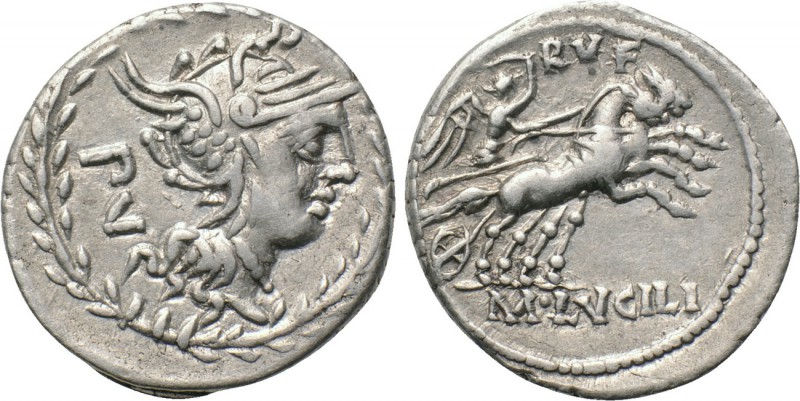 M. LUCILIUS RUFUS. Denarius. (101 BC). Rome. 

Obv: PV. 
Helmeted head of Rom...