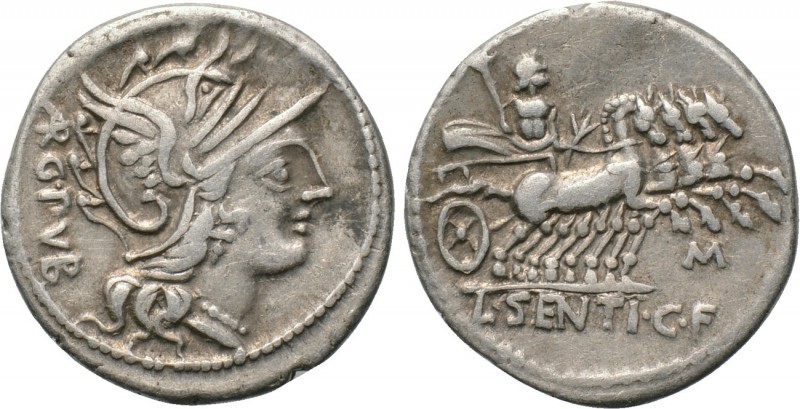 L. SENTIUS. C. F. Denarius (101 BC). Rome. 

Obv: ARG PVB. 
Helmeted head of ...