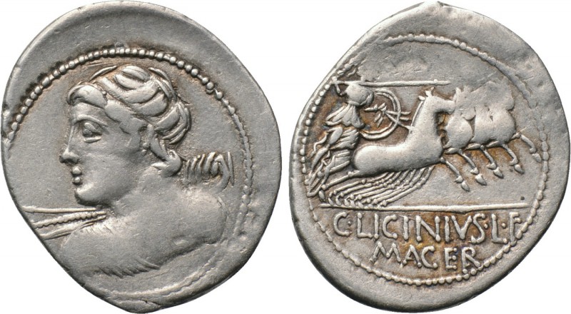 C. LICINIUS L. F. MACER. Denarius (84 BC). Rome. 

Obv: Bust of Apollo Vejovis...