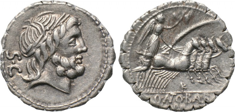 Q. ANTONIUS BALBUS. Serrate Denarius (83-82 BC). Rome. 

Obv: S•C. 
Laureate ...