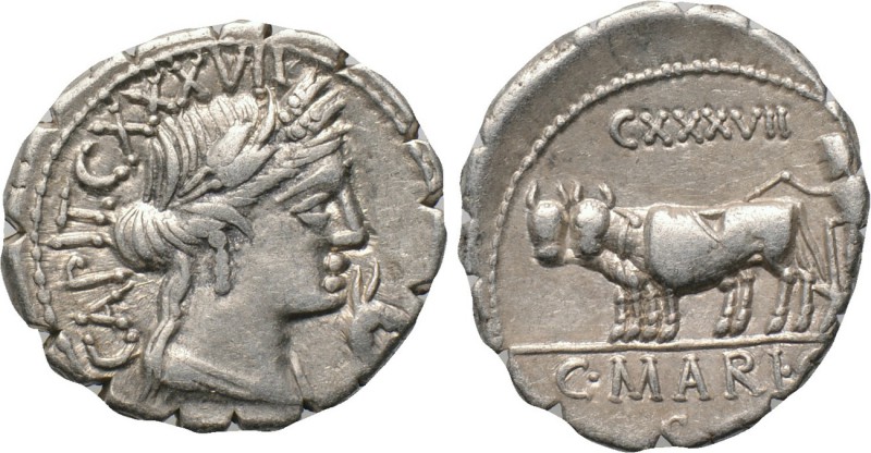 C. MARIUS C. F. CAPITO. Serrate Denarius (81 BC). Rome. 

Obv: CAPIT CXXXVII. ...