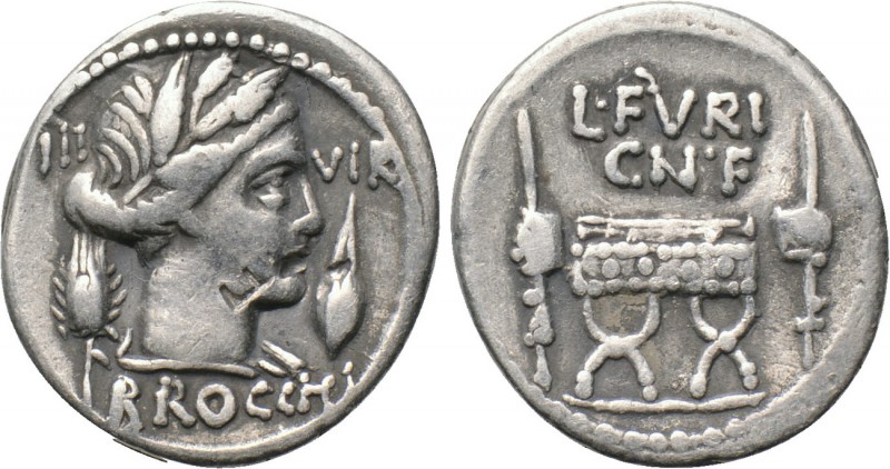 L. FURIUS CN.F. BROCCHUS. Denarius (63 BC). Rome. 

Obv: III VIR / BROCCHI. 
...