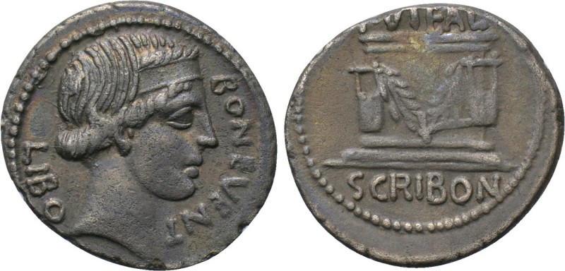 L. SCRIBONIUS LIBO. Denarius (62 BC). Rome. 

Obv: BON EVENT / LIBO. 
Head of...
