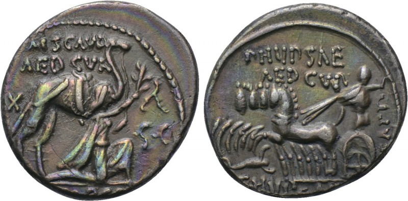 M. AEMILIUS SCAURUS and P. PLAUTIUS HYPSAEUS. Denarius (58 BC). Rome. 

Obv: M...
