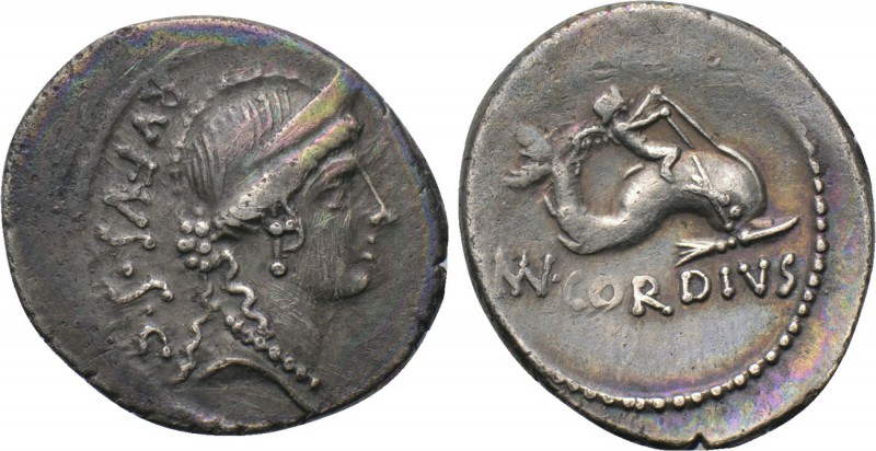 MN. CORDIUS RUFUS. Denarius (46 BC). Rome. 

Obv: RVFVS S C. 
Diademed head o...