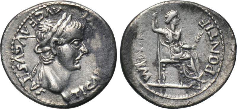 TIBERIUS (14-37). Denarius. Imitating Lugdunum. "Tribute Penny" type. 

Obv: T...