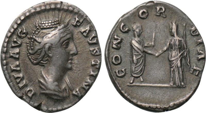 DIVA FAUSTINA I (Died 140/1). Denarius. Rome. 

Obv: DIVA AVG FAVSTINA. 
Drap...
