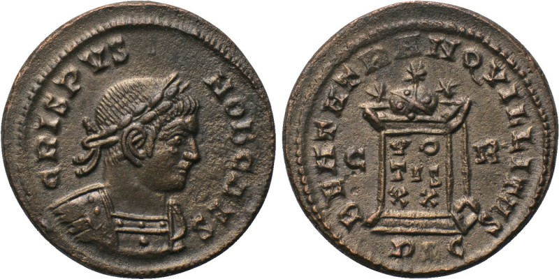 CRISPUS (Caesar, 316-326). Follis. Lugdunum. 

Obv: CRISPVS NOB CAES. 
Laurea...