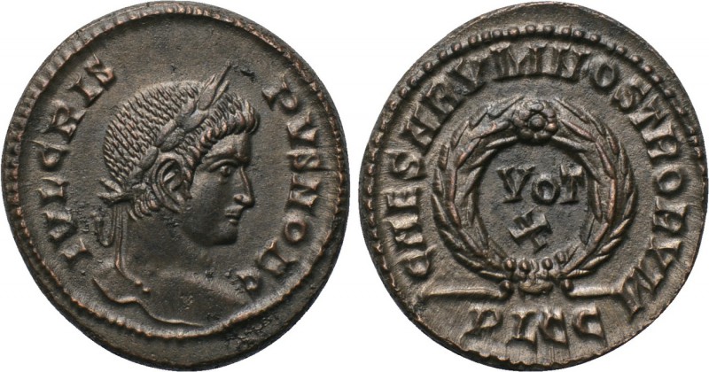 CRISPUS (Caesar, 316-326). Follis. Lugdunum. 

Obv: IVL CRISPVS NOB C. 
Laure...