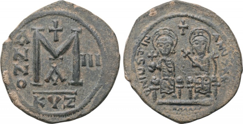 JUSTIN II with SOPHIA (565-578). Follis. Imitating Cyzicus. 

Obv: D N IUSTINA...