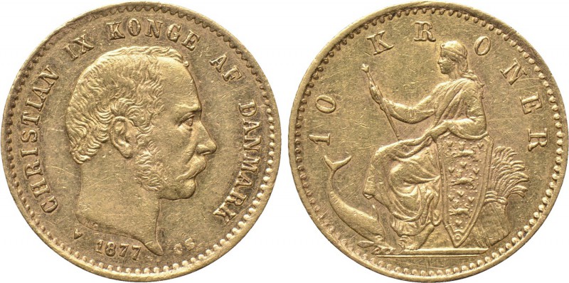DENMARK. Christian IX (1863-1906). GOLD 10 Kroner (1877-CS). Copenhagen. 

Obv...