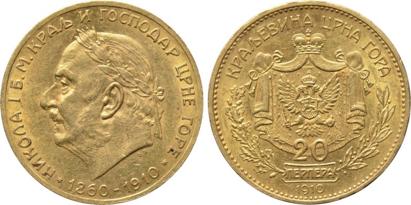 MONTENEGRO. Nicholas I (1860-1910). GOLD 20 Perpera (1910). 

Obv: НИКОЛА I Б ...