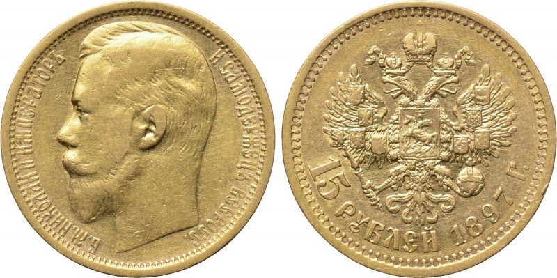 RUSSIA. Nicholas II (1894-1917). GOLD 15 Rubels (1897). St. Petersburg. Wide rim...