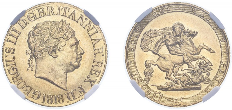 George III (1760-1820). Sovereign, 1818, laureate head. (S.3785). Slabbed and gr...