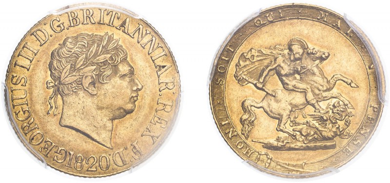 George III (1760-1820). Sovereign, 1820, laureate head, open 2 in date. (S.3785c...