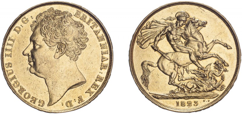 George IV (1820-1830). Two Pounds, 1823, bare head. (S.3798). Cleaned Very Fine.