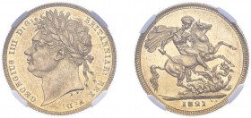 George IV (1820-1830). Sovereign, 1821, laureate head. (M.5, S.3800). Slabbed and graded by NGC as AU58, certification number 4731916-006.