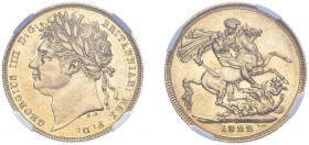 George IV (1820-1830). Sovereign, 1822, laureate head. (M.6, S.3800). Slabbed and graded by NGC as AU55, certification number 4731916-007.