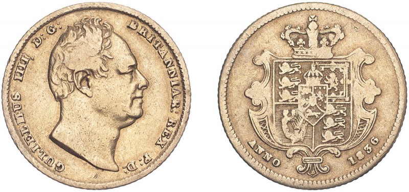 William IV (1830-1837). Half-Sovereign, 1836, obverse struck from sixpence die i...