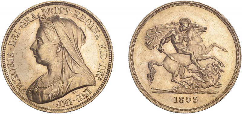 Victoria (1837-1901). Five Pounds, 1893, veiled bust. (S.3872). Light edge bruis...