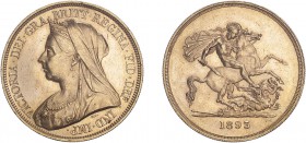 Victoria (1837-1901). Five Pounds, 1893, veiled bust. (S.3872). Light edge bruise at 1 o'clock on obverse, otherwise about uncirculated. Rare in this ...