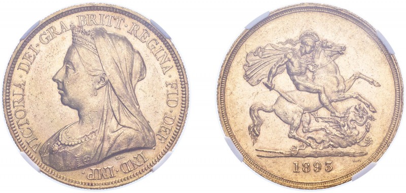 Victoria (1837-1901). Five Pounds, 1893, veiled bust. (S.3872). Slabbed and grad...