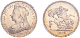 Victoria (1837-1901). Five Pounds, 1893, veiled bust. (S.3872). Slabbed and graded by NGC MS61, certification number 4445710-005.