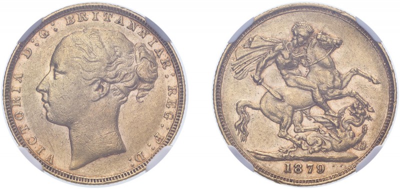 Victoria (1837-1901). Sovereign, 1879, London, St. George reverse. (M.90, S.3856...