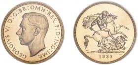 George VI (1936-1952). Five Pounds, 1937, bare head, proof issue. (S.4074). Slabbed and graded by PCGS as PR64, certification number 37920699.