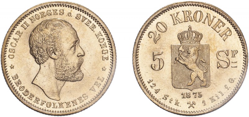 NORWAY. Oscar II. 20 Kroner, 1875, Kongsberg. (KM 348). Choice uncirculated.