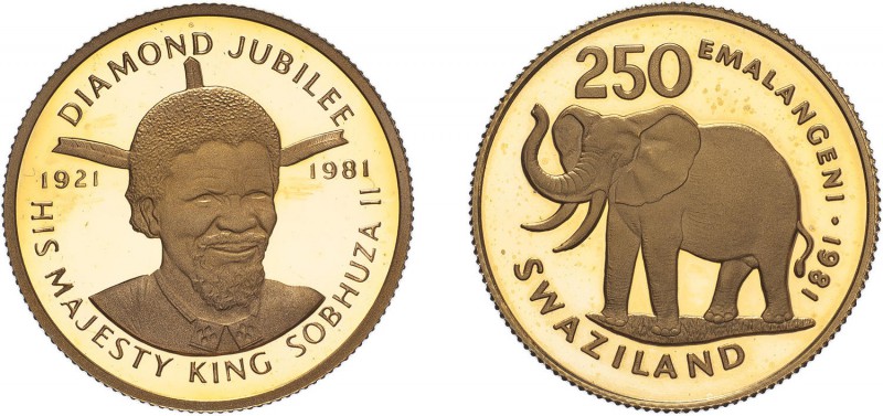 SWAZILAND. King Sobhuza II, 1981, Gold Proof 250 Emalangeni, diamond jubilee iss...