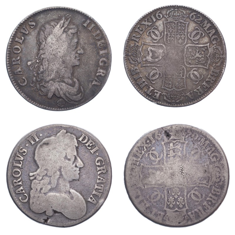 Charles II (1660-1685). Crowns (2), 1662 rose below bust, 1679 third bust, edge ...