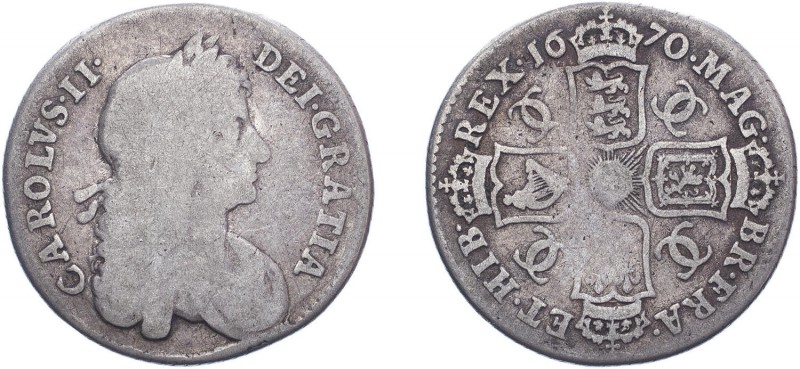 Charles II (1660-1685). Shilling, 1670, second bust, 8 strings to harp. (ESC 517...