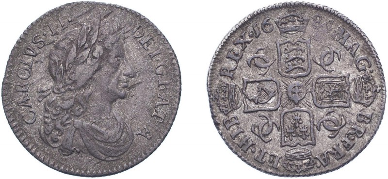 Charles II (1660-1685). Sixpence, 1684, Dr. bust, 4 strings to harp. (ESC 581, S...