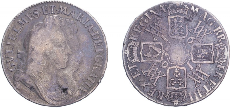 William & Mary (1688-1694). Crown, 1691, conjoined busts, TERTIO edge. (ESC 820,...