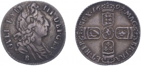 William III (1694-1702). Sixpence, 1697 BRISTOL, third bust, large crowns. (ESC 1266, S.3532). S in GVLIELMVS appears to be struck over another letter...
