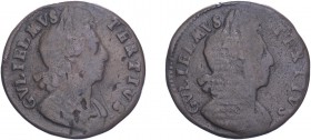 William III (1694-1702). Halfpenny, 1699-1701, third issue, obverse mule. (BMC 707, S.3556 [type]). Fine, extremely rare.
Ex Mark Rasmussen list, £600...