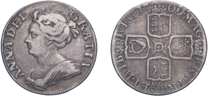 Anne (1702-1714). Shilling, 1709, third bust, plain in angles. (ESC 1402, S.3610...