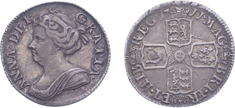 Anne (1702-1714). Sixpence, 1711, large lis, 5 strings to harp. (ESC 1461. S.361...